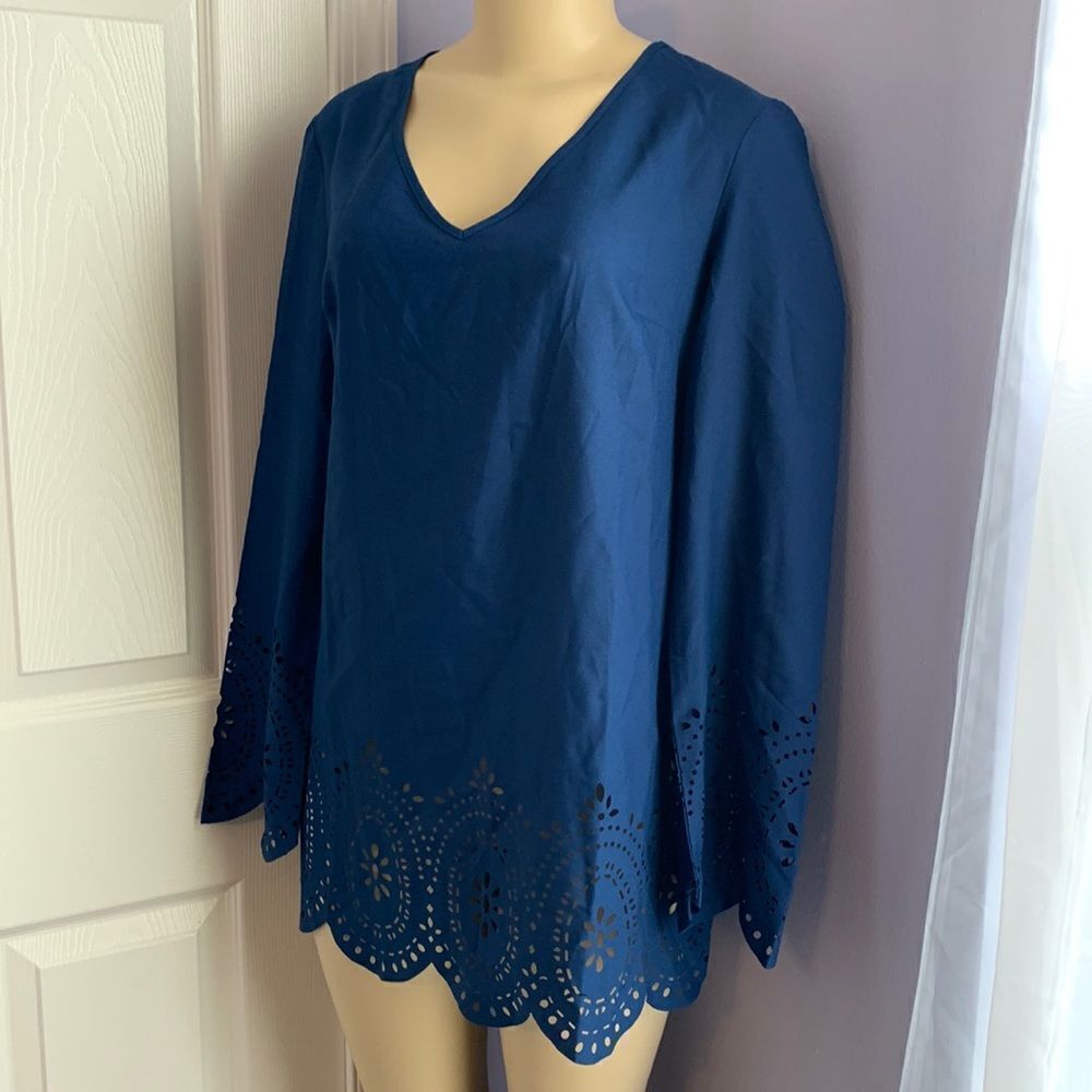 Designer Swimwear Cover-up Eyelet Detail Tunic Top Navy Small